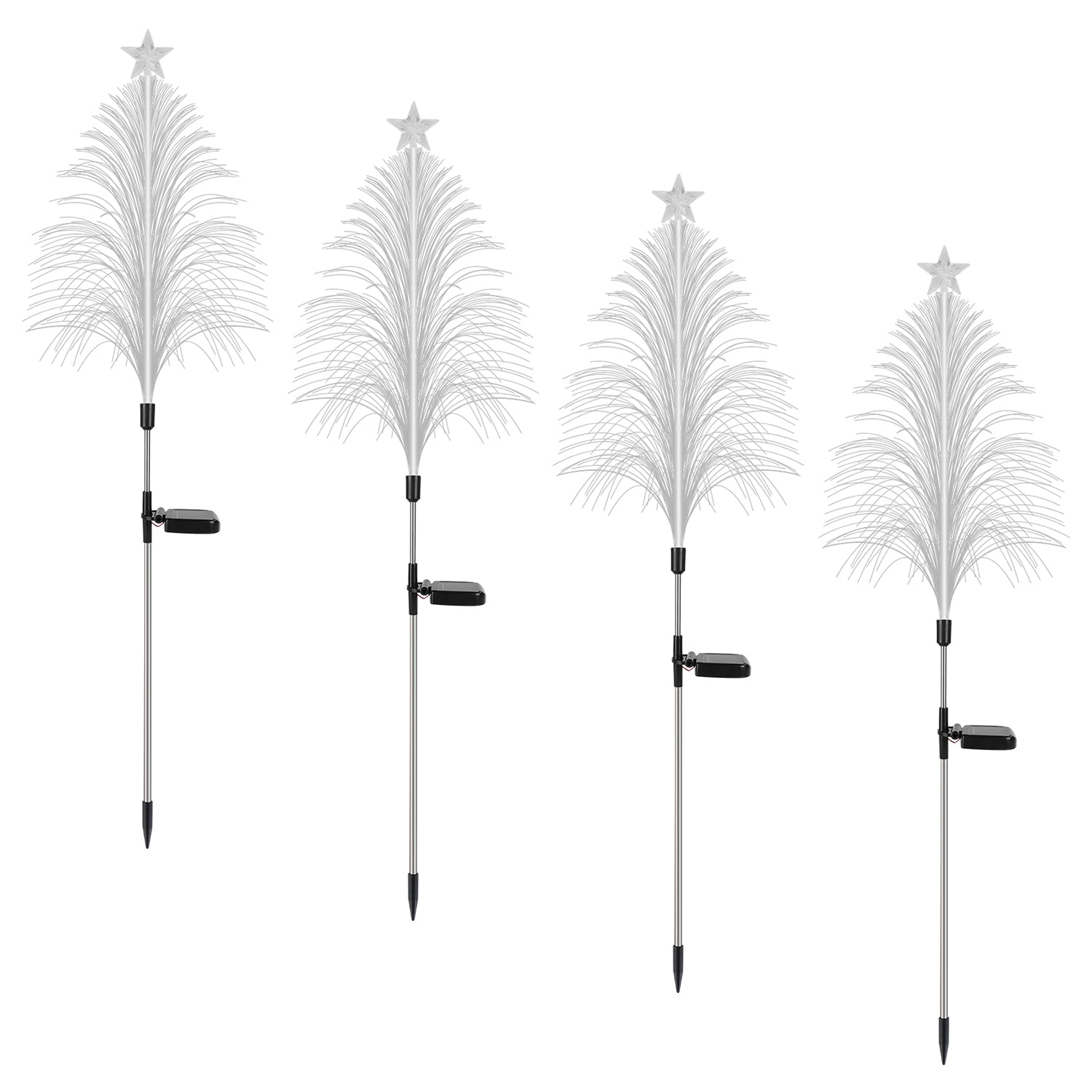 4-Pack Solar Christmas Tree Lights – 7-Color Changing Optical Fiber Stake Lights with Star Topper, Waterproof for Garden & Pathway