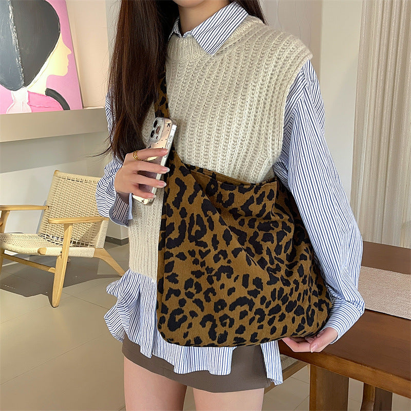 New Trendy Retro Corduroy Leopard Print Shoulder Bag