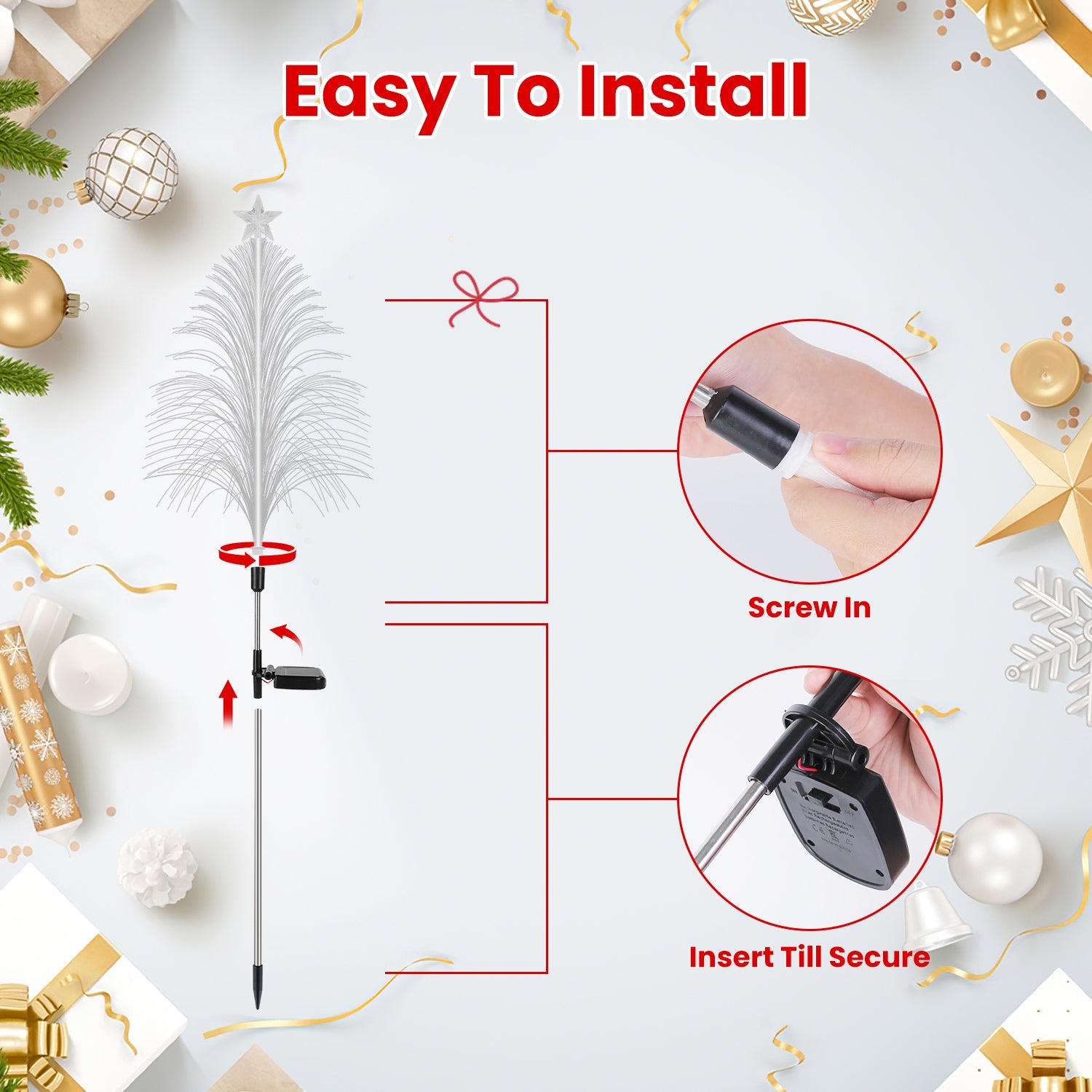 4-Pack Solar Christmas Tree Lights – 7-Color Changing Optical Fiber Stake Lights with Star Topper, Waterproof for Garden & Pathway