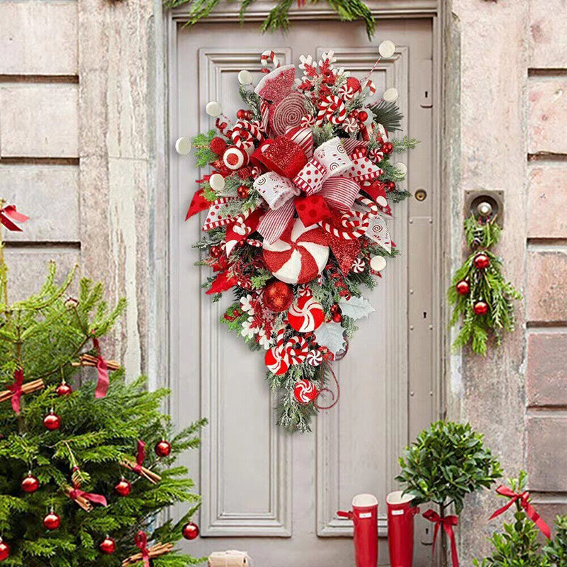 Christmas Wreath Candy Upside-Down Tree Garland – Artificial Xmas Ornament for Home, Porch, Window & Door Hanging