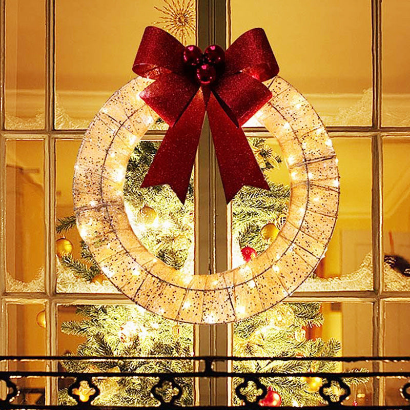 50CM LED Luminous Christmas Garland – Warm Light Metal Wreath with Big Bow for Front Door & Holiday Decor