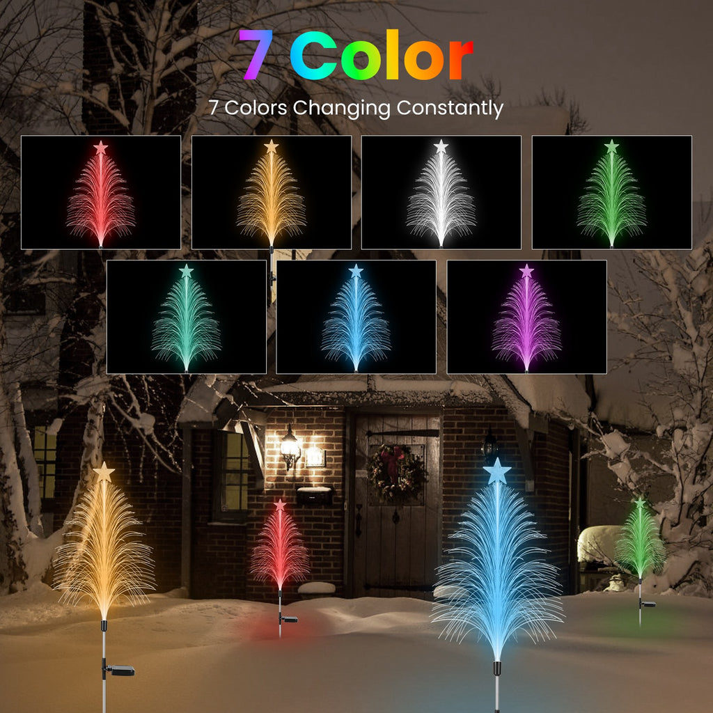 4-Pack Solar Christmas Tree Lights – 7-Color Changing Optical Fiber Stake Lights with Star Topper, Waterproof for Garden & Pathway