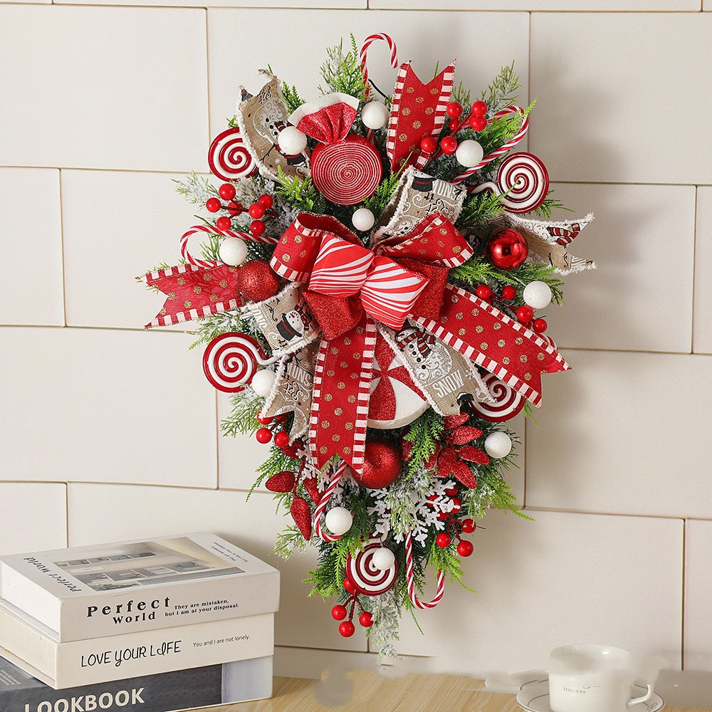 Christmas Wreath Candy Upside-Down Tree Garland – Artificial Xmas Ornament for Home, Porch, Window & Door Hanging