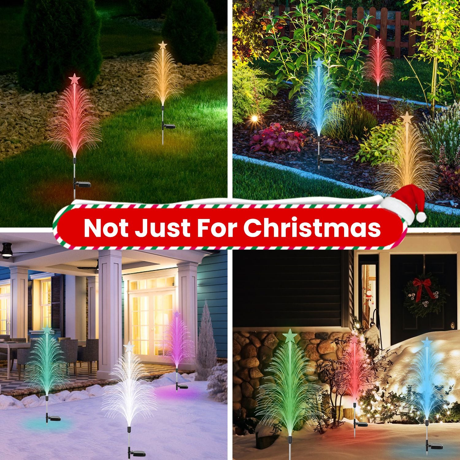 4-Pack Solar Christmas Tree Lights – 7-Color Changing Optical Fiber Stake Lights with Star Topper, Waterproof for Garden & Pathway
