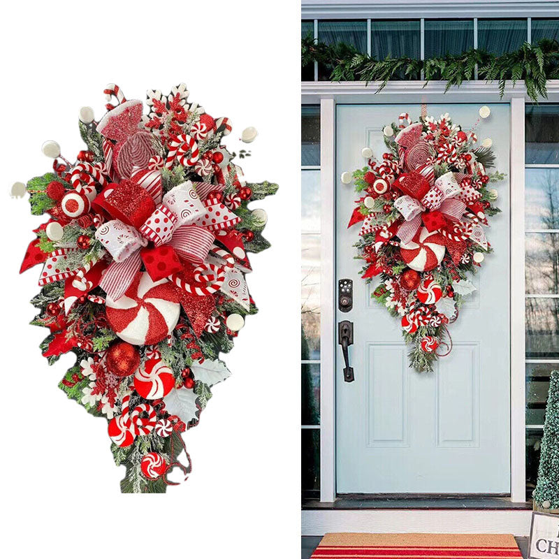 Christmas Wreath Candy Upside-Down Tree Garland – Artificial Xmas Ornament for Home, Porch, Window & Door Hanging