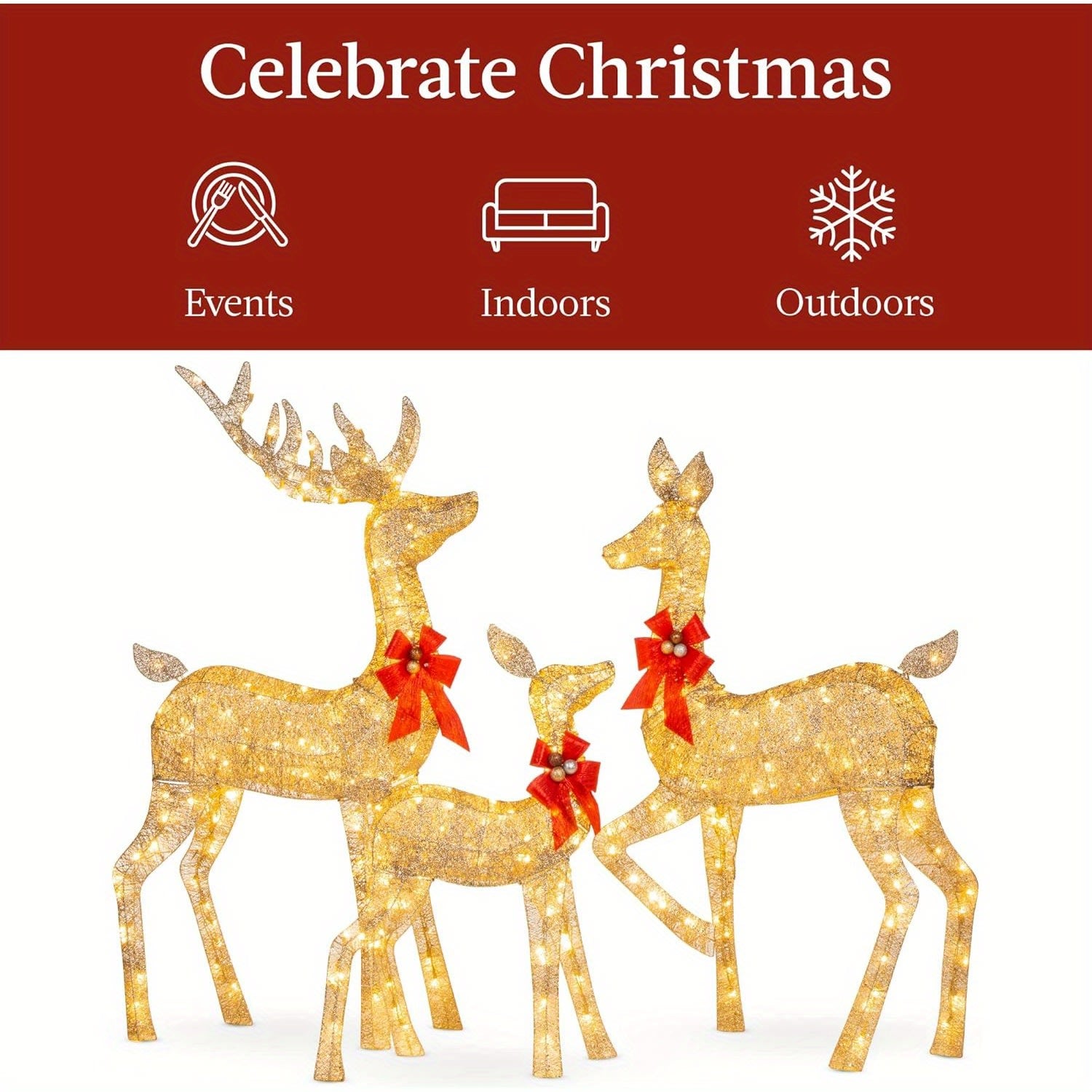 Golden Reindeer Set – 3-Piece Elegant Christmas Holiday Decorations