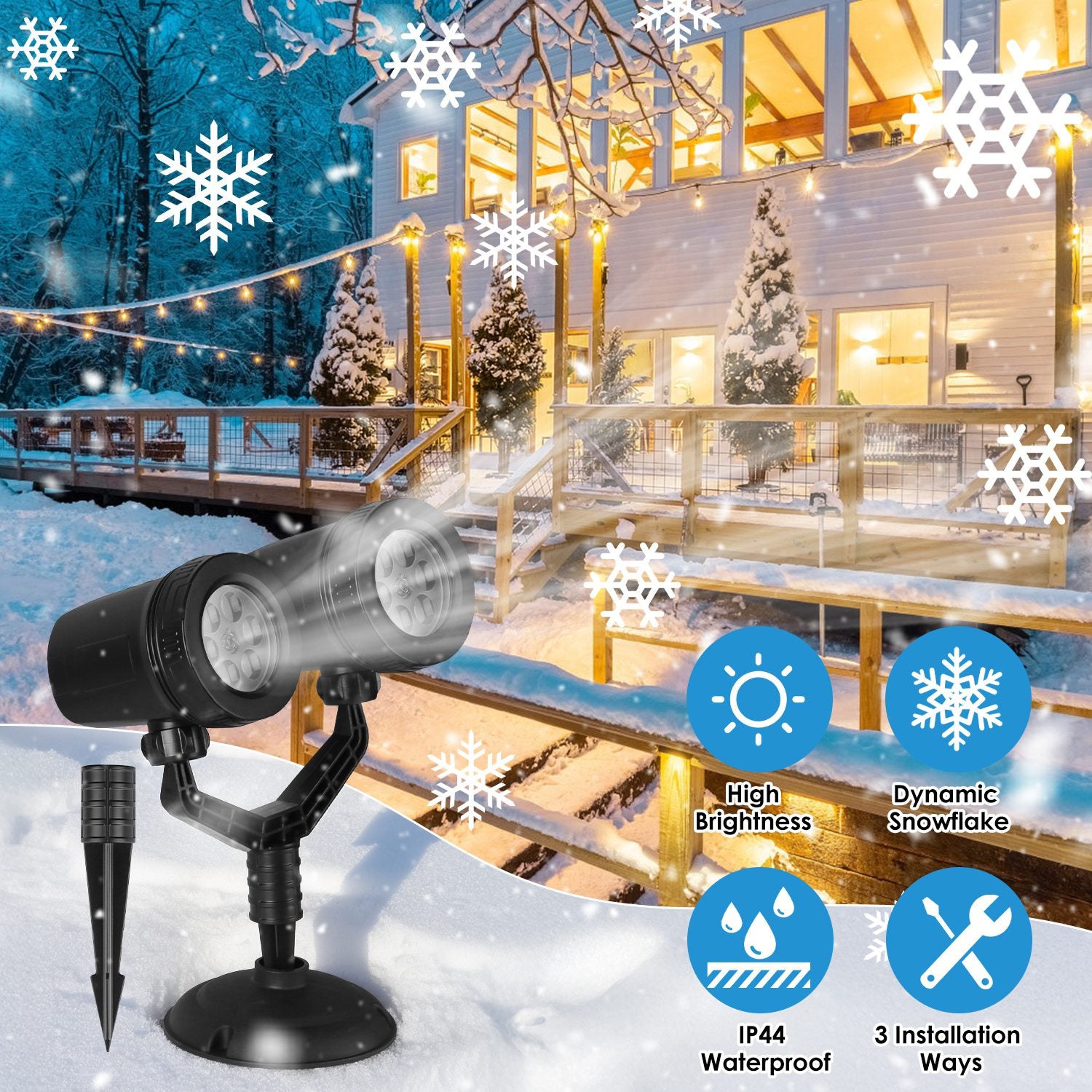 Dual-Head Christmas Snowflake Projector Light – Waterproof LED Stake Lamp for Indoor & Outdoor Holiday Décor