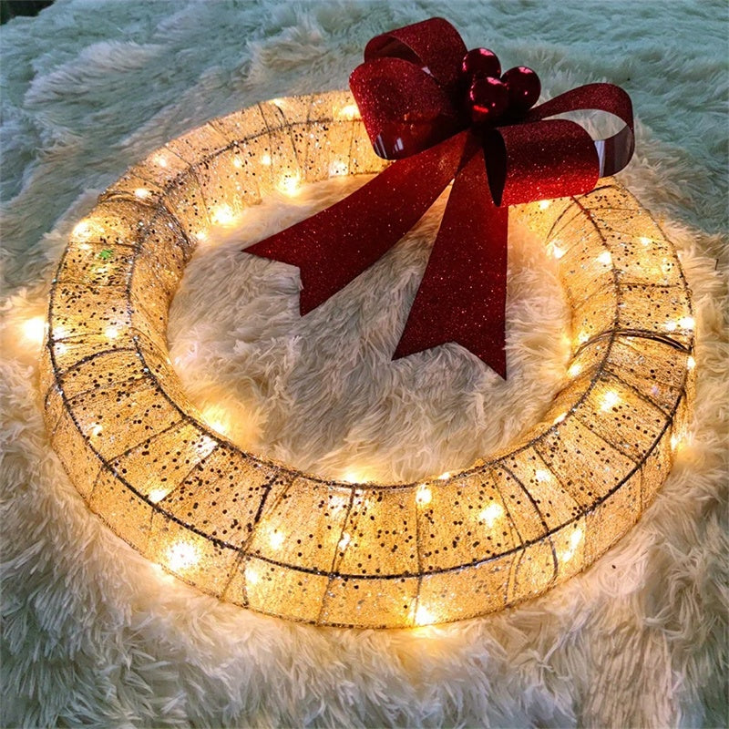 50CM LED Luminous Christmas Garland – Warm Light Metal Wreath with Big Bow for Front Door & Holiday Decor