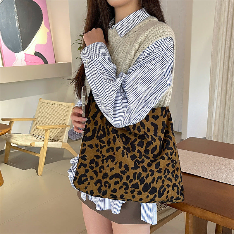 New Trendy Retro Corduroy Leopard Print Shoulder Bag