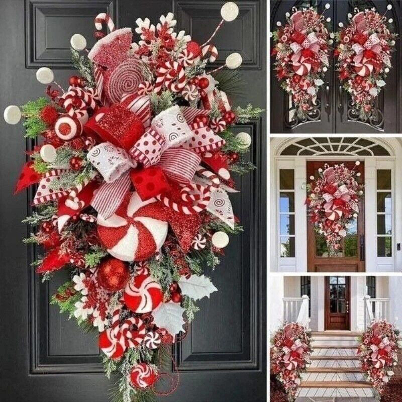 Christmas Wreath Candy Upside-Down Tree Garland – Artificial Xmas Ornament for Home, Porch, Window & Door Hanging