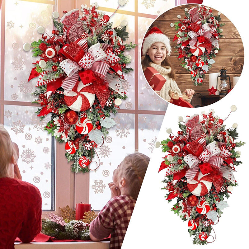 Christmas Wreath Candy Upside-Down Tree Garland – Artificial Xmas Ornament for Home, Porch, Window & Door Hanging